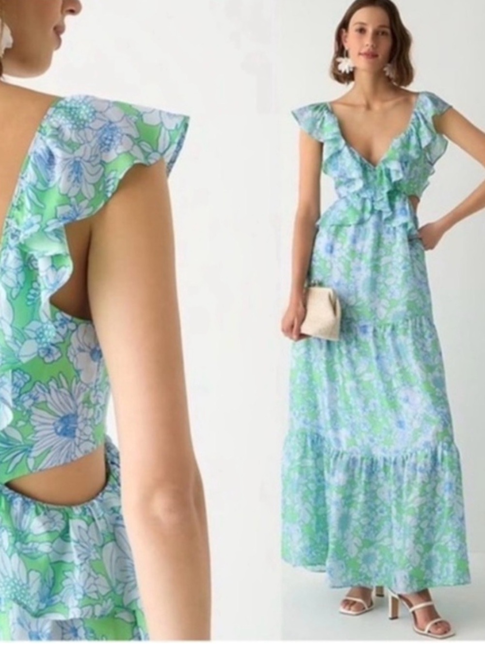 J. Crew Floral Ruffle Maxi Dress in Light Blue & Green